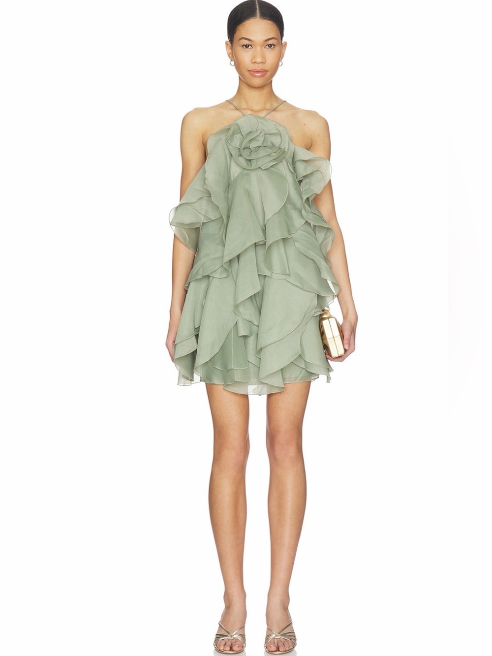 Aje Sage Green Ruffle Rosette Mini Dress